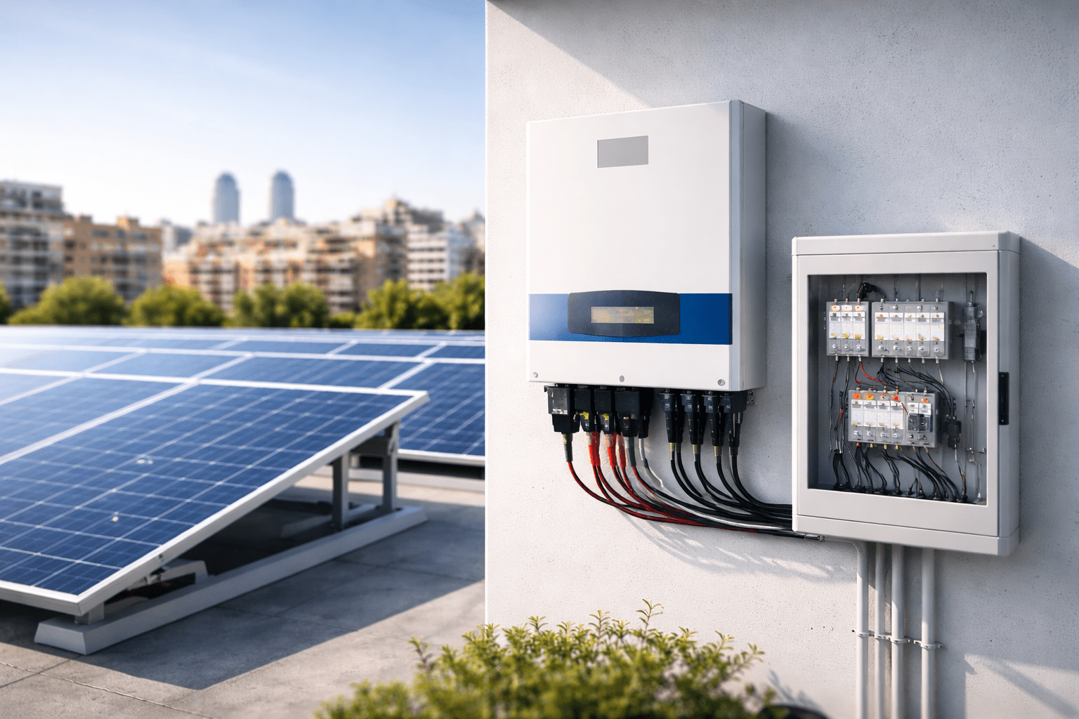 Fotografía realista de una instalación fotovoltaica moderna en una azotea urbana, con paneles solares alineados y un inversor solar montado en pared junto a un cuadro eléctrico cerrado y ordenado. En primer plano se aprecia el inversor y las protecciones eléctricas, con cableado limpio y bien organizado. Al fondo, edificios urbanos desenfocados que sugieren un entorno metropolitano como Barcelona. Luz natural suave, cielo despejado, estilo fotografía arquitectónica e industrial, colores neutros, imagen profesional y realista, sin personas, sin ilustración, sin render 3D. Parámetros recomendados: Resolución: 1200x800 Estilo: photorealistic Iluminación: natural daylight Enfoque: profundidad de campo suave